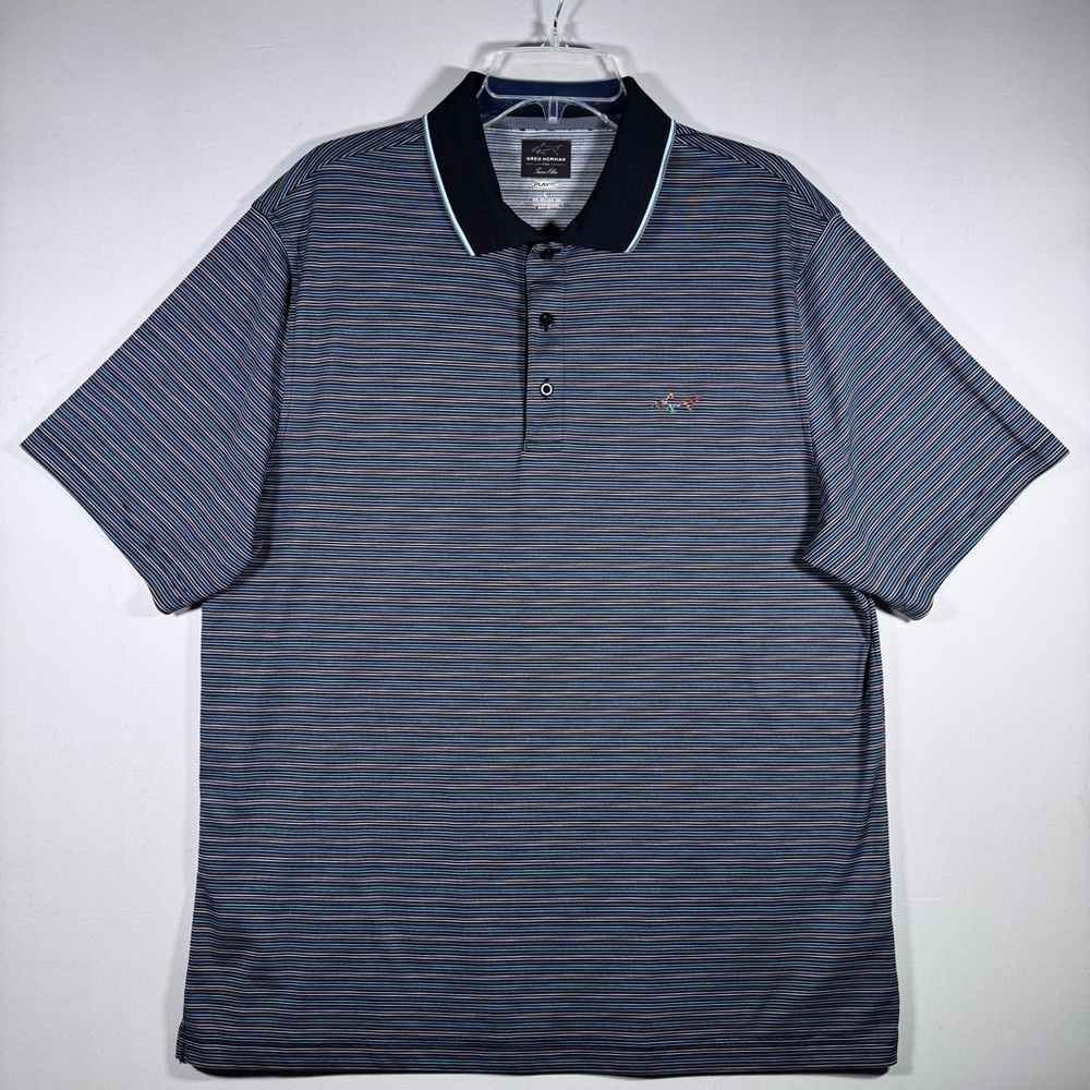 Greg Norman Polo Shirt Mens L Large Aqua Gray Striped Play Dry Golf Casual
